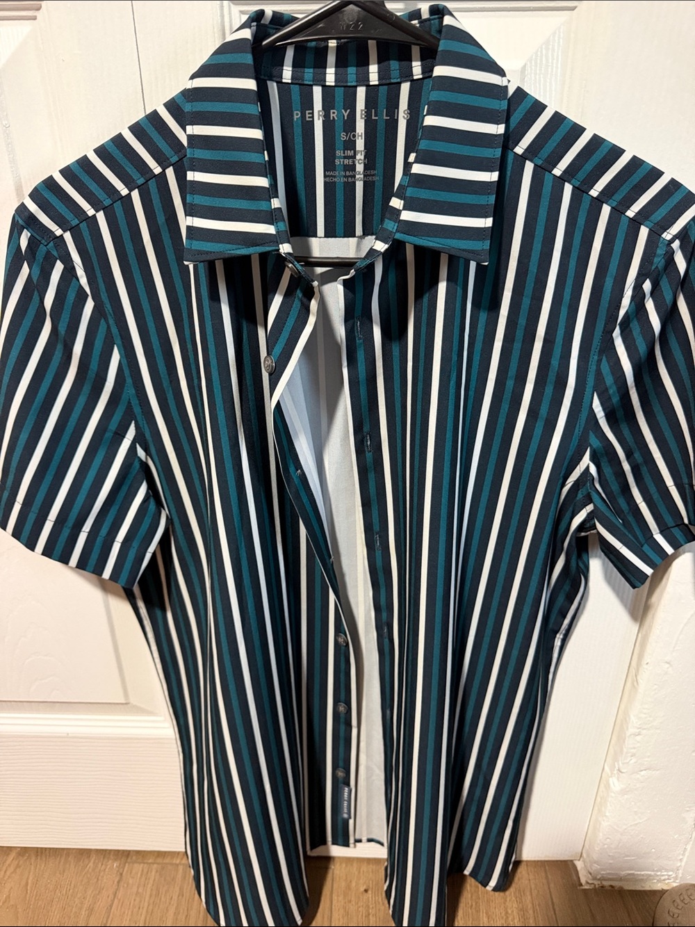 Perry Ellis Short Sleeve Vertical Stripe Button-Down - Teal/Black/White